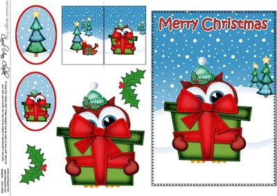 Xmas Little Hoot Owl's Present 5x7 3D Decoupage