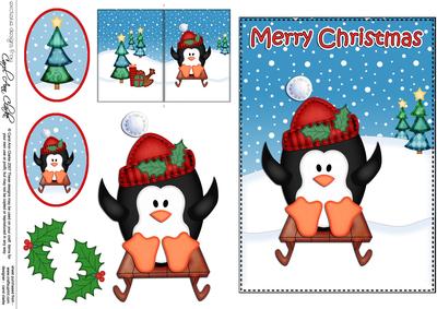 Christmas Seldging Penguin 5x7 3D Decoupage