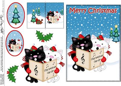 Christmas Carol Singing Cats 5x7 3D Decoupage
