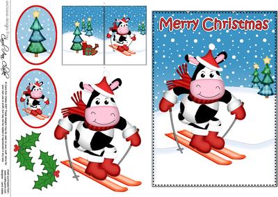 Christmas Skiing Milly Moo Cow 5x7 3D Decoupage