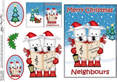 Xmas Neighbours Singing Westie Dogs 5x7 3D Decoupage