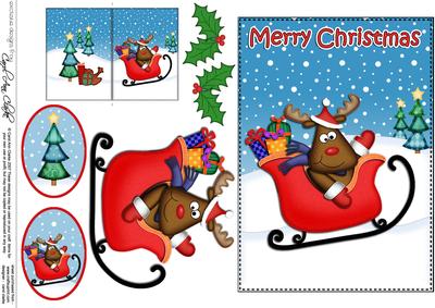 Christmas Rudolph's Sleigh 5x7 3D Decoupage