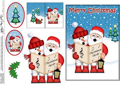 Christmas Carol Singing Santa & Snowman 5x7 3D Decoupage