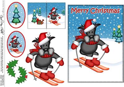 Christmas Skiing Hamish Scottie Dog 5x7 3D Decoupage