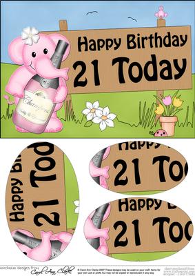 A5 Lola Elephant Birthday 21 Today Oval Pyramage Topper