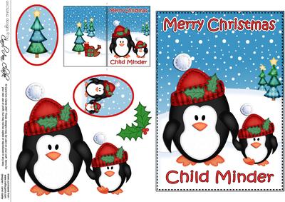 Xmas Child Minder Penguins 5x7 3D Decoupage