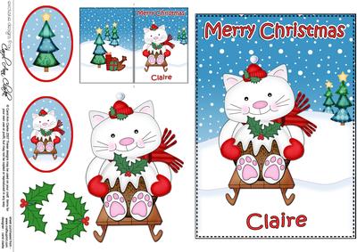 Xmas Claire Sledging Little Cat 5x7 3D Decoupage