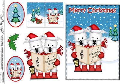 Christmas Carol Singing Westie Dogs 5x7 3D Decoupage
