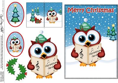 Christmas Carol Singing Little Hoot Owl 5x7 3D Decoupage