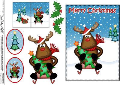 Christmas Sledging Rudolph 5x7 3D Decoupage