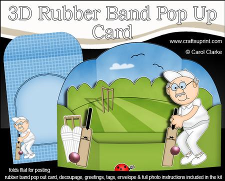 3D Old Man Bert Plays Cricket Rubber Band Pop Up Scene Card