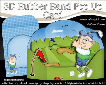 3D Old Man Bert Plays Golf Rubber Band Pop Up Scene Card
