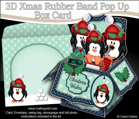 3D Xmas Penguins Rubber Band Pop Up Box Card