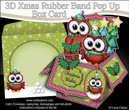 3D Xmas Hoot & Little Hoot Owls Rubber Band Pop Up Box Card
