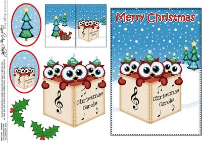 Christmas Carol Singing Owls 5x7 3D Decoupage