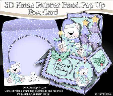 3D Xmas Teddy Rubber Band Pop Up Box Card