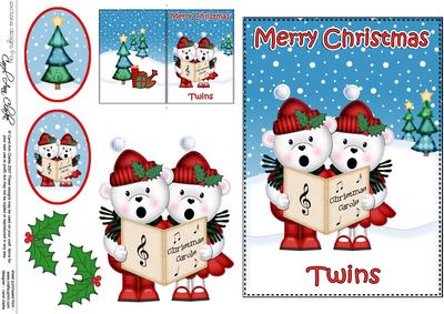 Xmas Twins Teddies 5x7 3D Decoupage