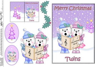 Xmas Twins Teddies 5x7 3D Decoupage