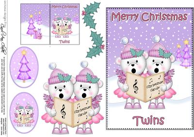 Xmas Twins Teddies 5x7 3D Decoupage