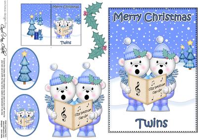 Xmas Twins Teddies 5x7 3D Decoupage