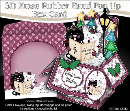 3D Xmas Carol Singing Cats Rubber Band Pop Up Box Card