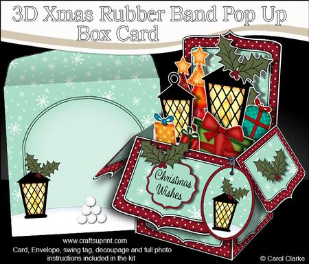 3D Xmas Lantern & Pointsettia Rubber Band Pop Up Box Card