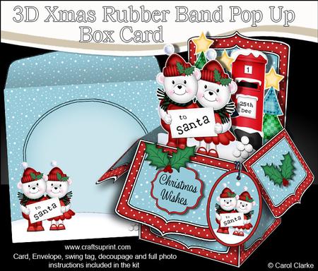3D Xmas Teddy Tess & Teddy Ed Rubber Band Pop Up Box Card