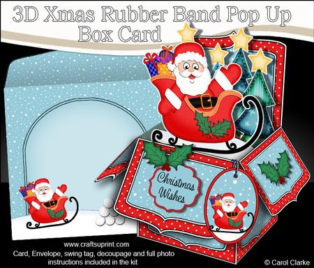 3D Xmas Santa's Sleigh Rubber Band Pop Up Box Card