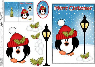 Christmas Cute Little Penguin Lamp Post 5x7 3D Decoupage