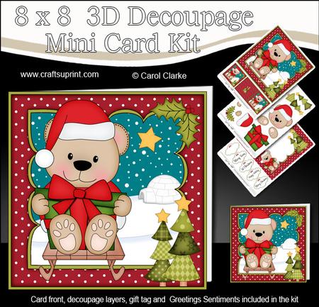 8x8 Xmas Sledging Livvy Bear Mini Kit 3D Decoupage
