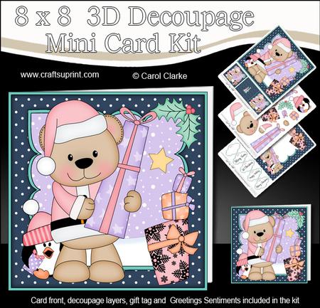 8x8 Xmas Livvy Bear Present Mini Kit 3D Decoupage