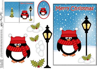 Christmas Cute Little Penguin Lamp Post 5x7 3D Decoupage