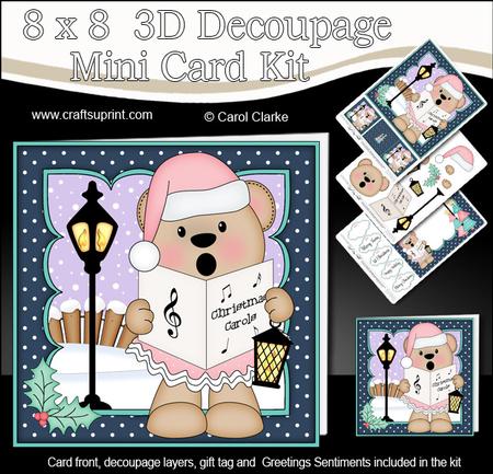 8x8 Xmas Carol Singing Livvy Bear Mini Kit 3D Decoupage
