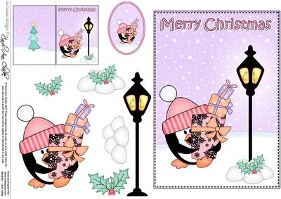 Christmas Cute Little Penguin Lamp Post 5x7 3D Decoupage
