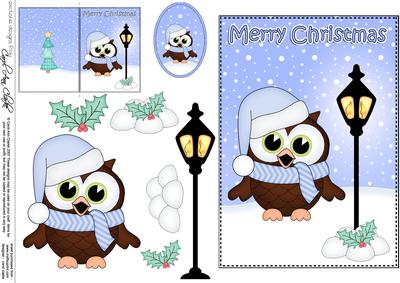 Christmas Little Hoot Owl Lamp Post 5x7 3D Decoupage
