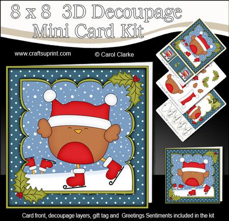 8x8 Xmas Skating Bobbin Robin Mini Kit 3D Decoupage