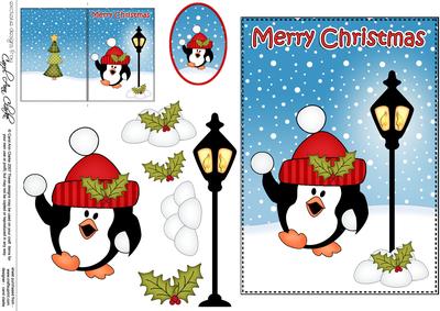 Christmas Snowballing Penguin Lamp Post 5x7 3D Decoupage