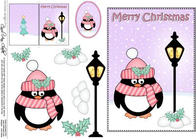 Christmas Wrapped Up Warm Penguin Lamp Post 5x7 3D Decoupage
