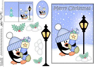Christmas Stocking Penguin Lamp Post 5x7 3D Decoupage