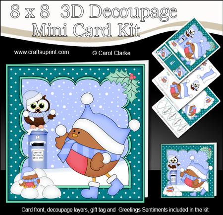 8x8 Xmas Bobbin Robin Snowball Fight Mini Kit 3D Decoupage