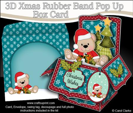 3D Xmas Livvy Bear Rubber Band Pop Up Box Card