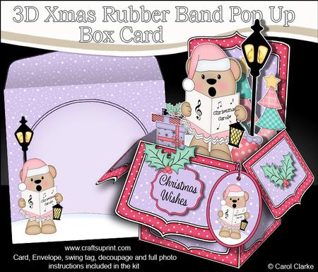 3D Xmas Carol Singing Livvy Bear Rubber Band Pop Up Box Card