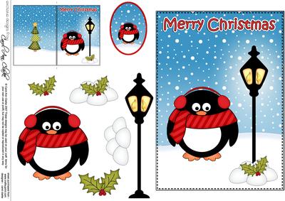Christmas Cute Little Penguin Lamp Post 5x7 3D Decoupage