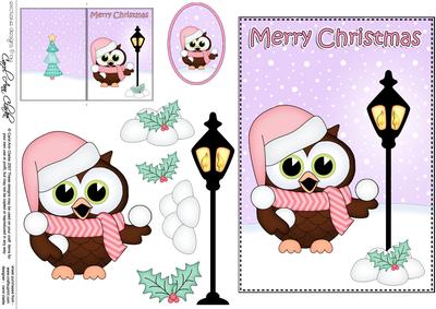 Christmas Cute Little Hoot Owl Lamp Post 5x7 3D Decoupage