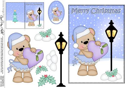 Christmas Cute Livvy Bear Heart Lamp Post 5x7 3D Decoupage