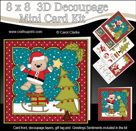 8x8 Xmas Livvy Bear Dressing the Tree Mini Kit 3D Decoupage