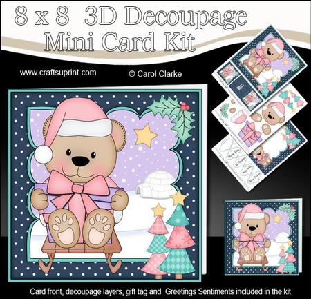 8x8 Xmas Sledging Livvy Bear Mini Kit 3D Decoupage