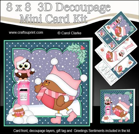 8x8 Xmas Bobbin Robin Snowball Fight Mini Kit 3D Decoupage