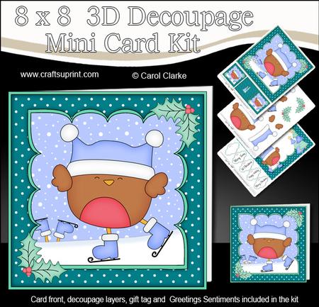 8x8 Xmas Skating Bobbin Robin Mini Kit 3D Decoupage
