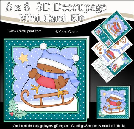 8x8 Xmas Sledging Bobbin Robin Mini Kit 3D Decoupage